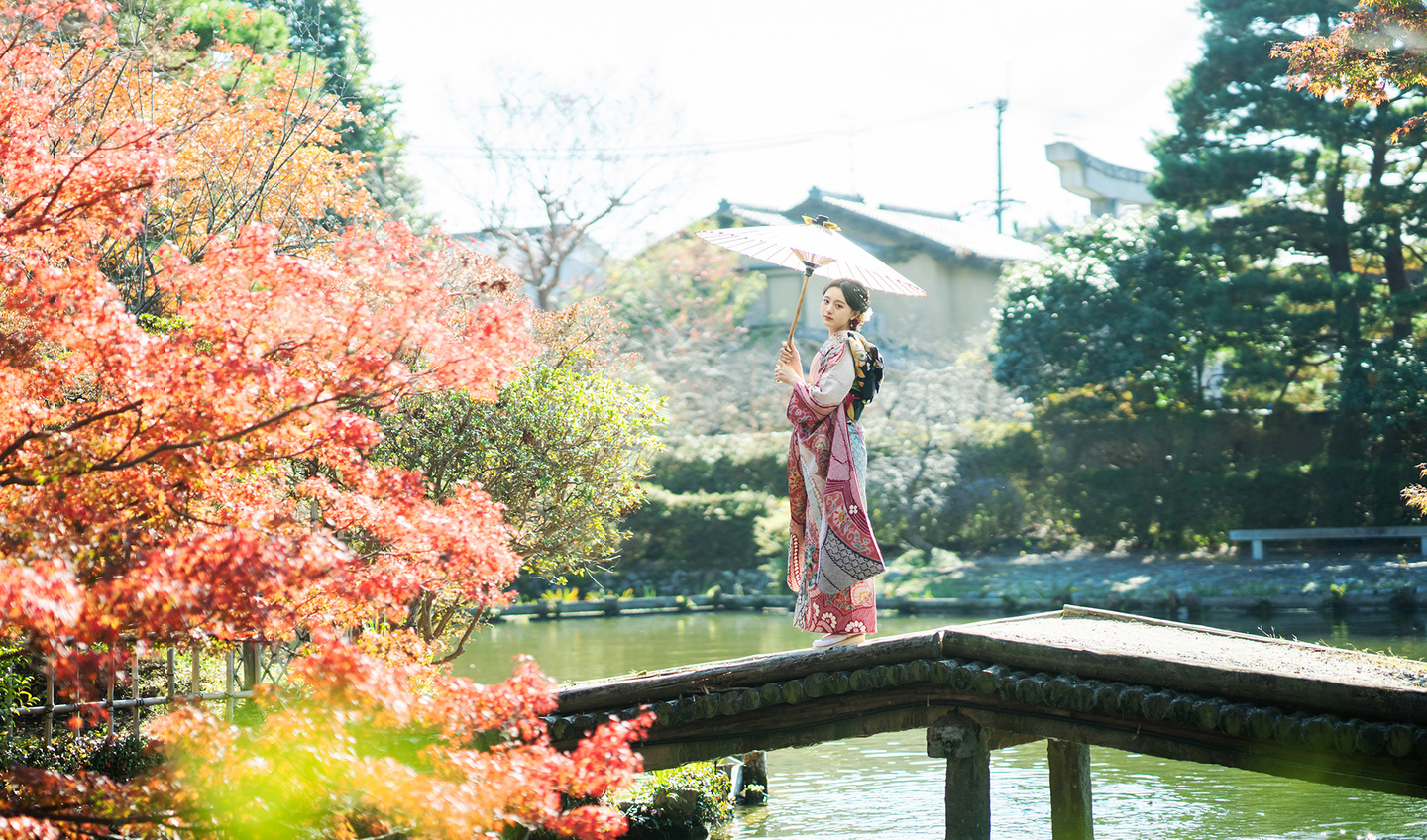 成人式前撮り撮影　京都　紅葉　片倉写真事務所